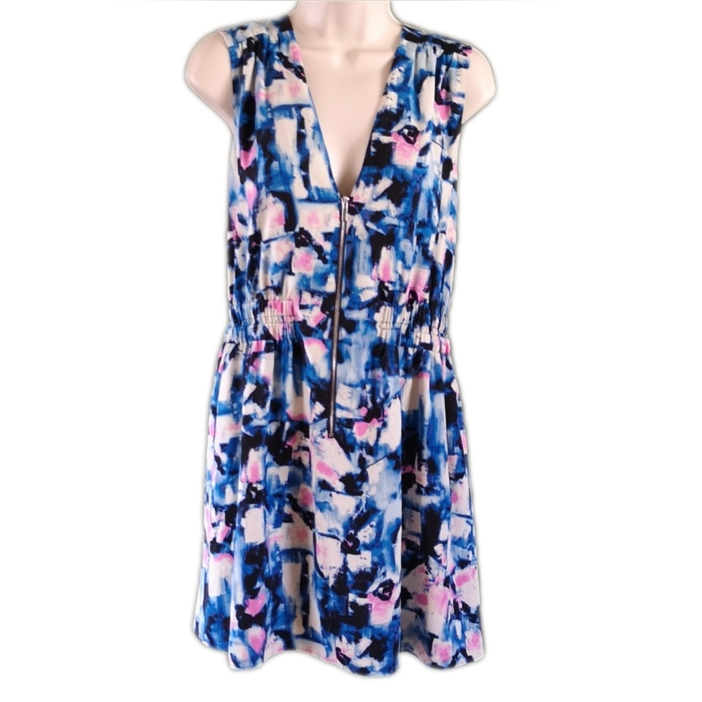RACHEL Rachel Roy Double V Zip Front Sleevelss Blue Floral Print Dress L